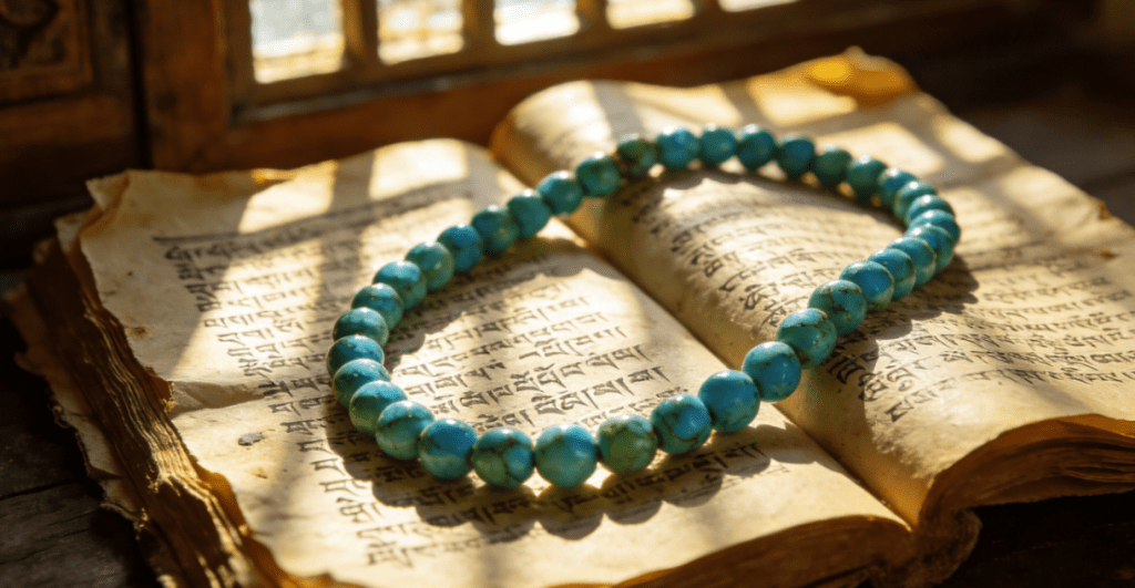 108 turquoise mala beads resting on an open ancient Sanskrit scripture with sunlight streaming through window lattice