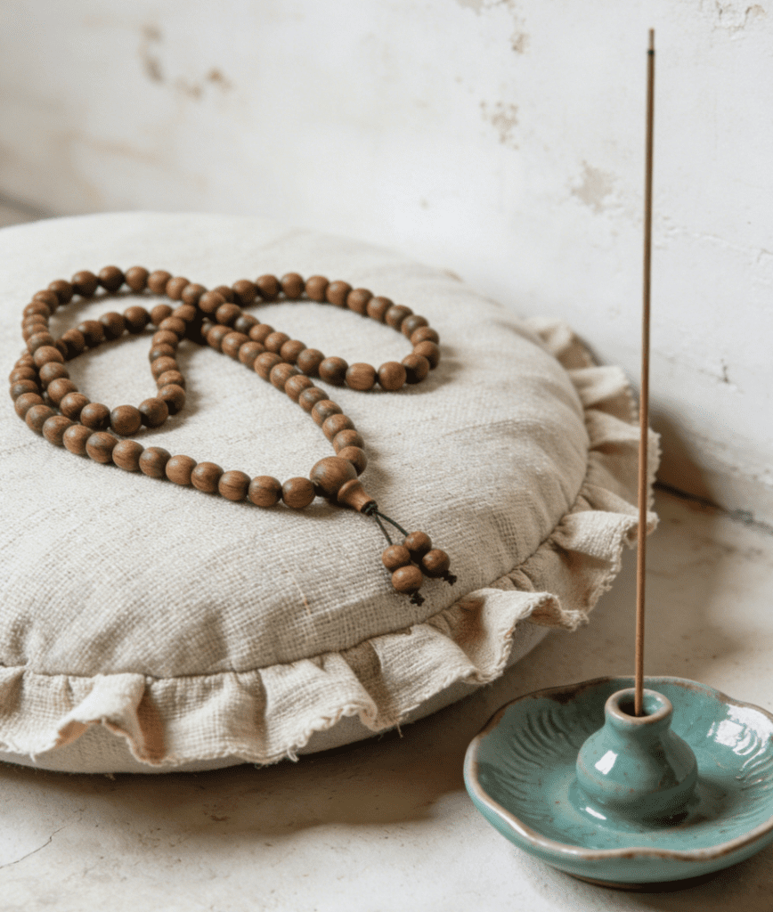 108 wooden mala beads on a linen meditation cushion with incense and celadon holder