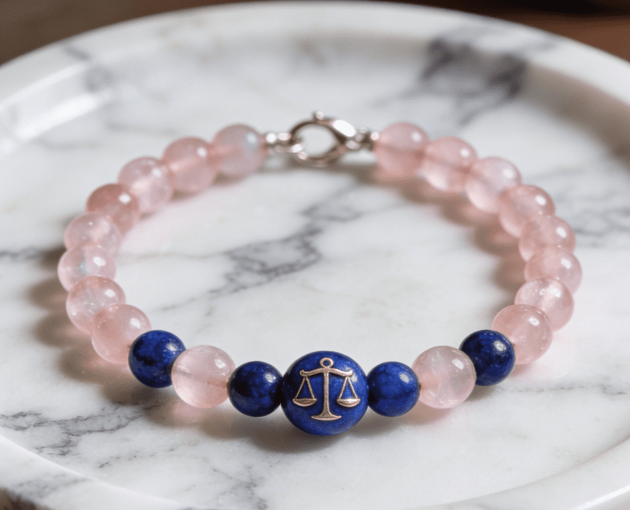 Libra harmonious mala bracelet with rose quartz and lapis lazuli beads on marble tray