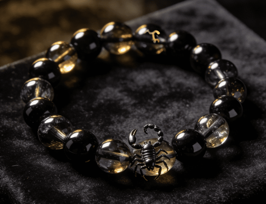 Scorpio transformative mala bracelet with black tourmaline and obsidian beads on black velvet surface