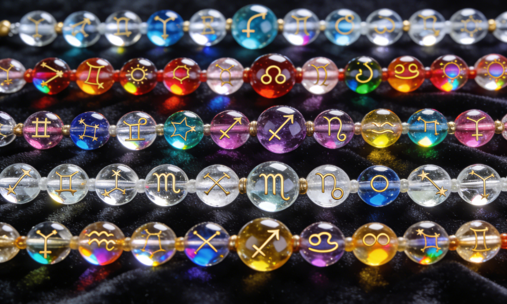 Assortment of zodiac crystal mala bracelets displayed on dark velvet