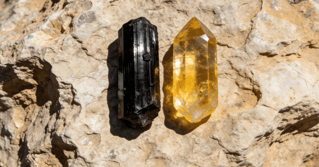 Black tourmaline and citrine on rock