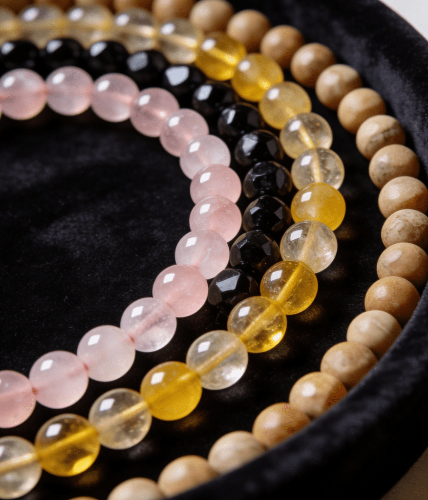Close-up of Rose Quartz, Black Tourmaline, Citrine, and Sandstone mala beads on dark velvet trays