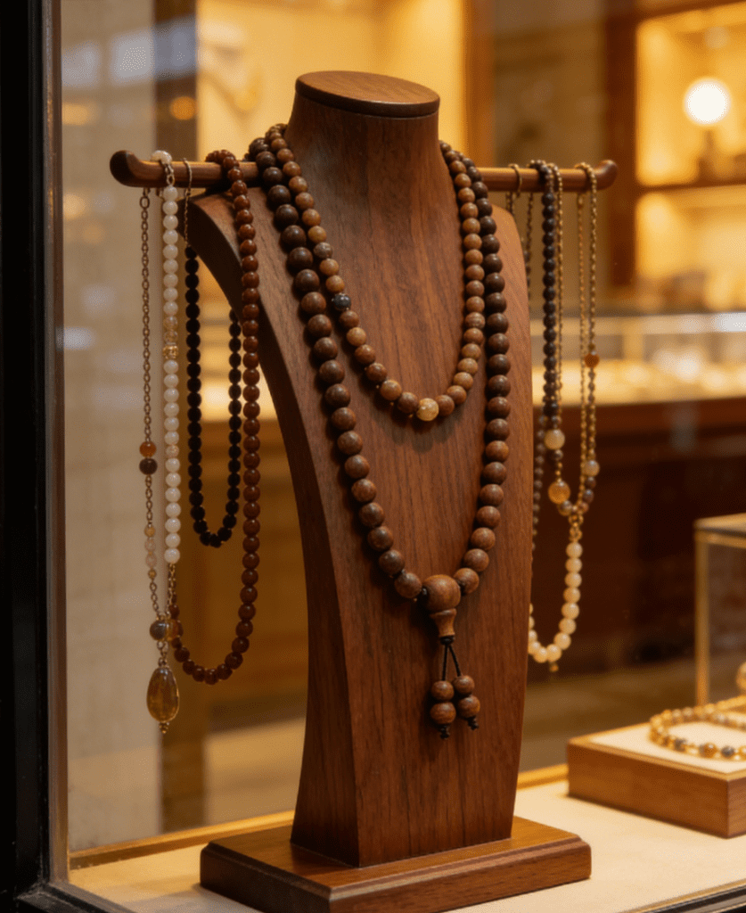 Mala beads displayed on a wooden jewelry rack in a warm-lit shop window