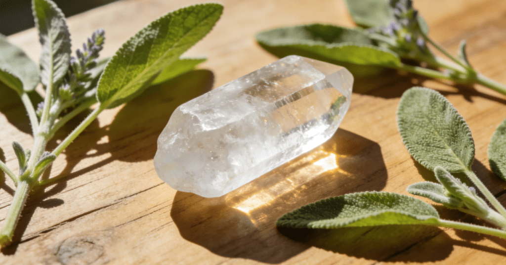 White crystal with sage on wooden table
