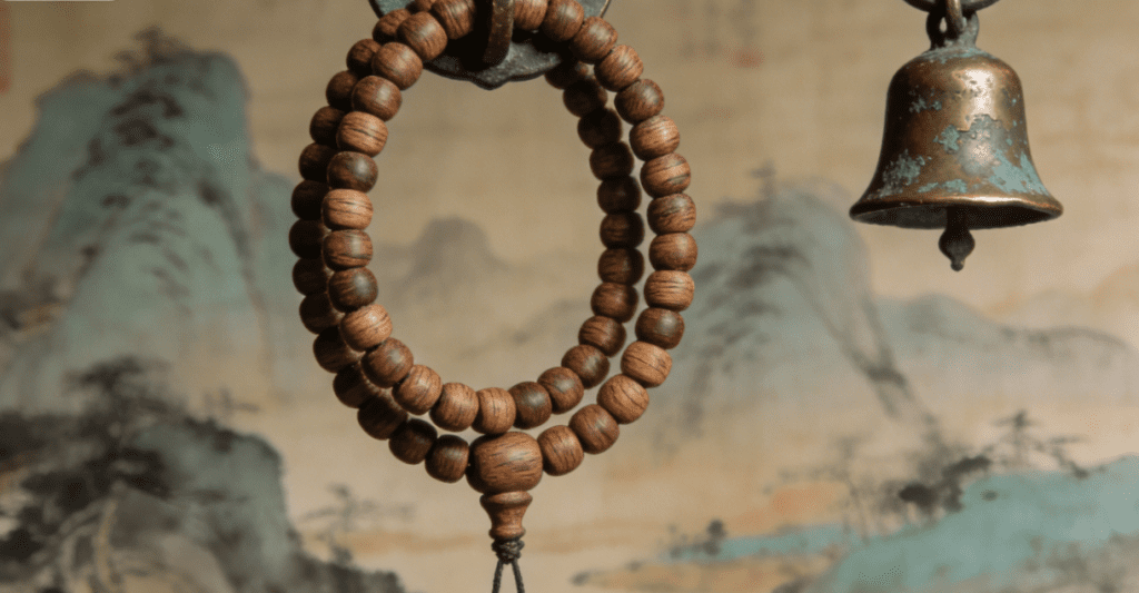Wooden mala beads hanging on an antique copper hook against a misty ink wash landscape painting