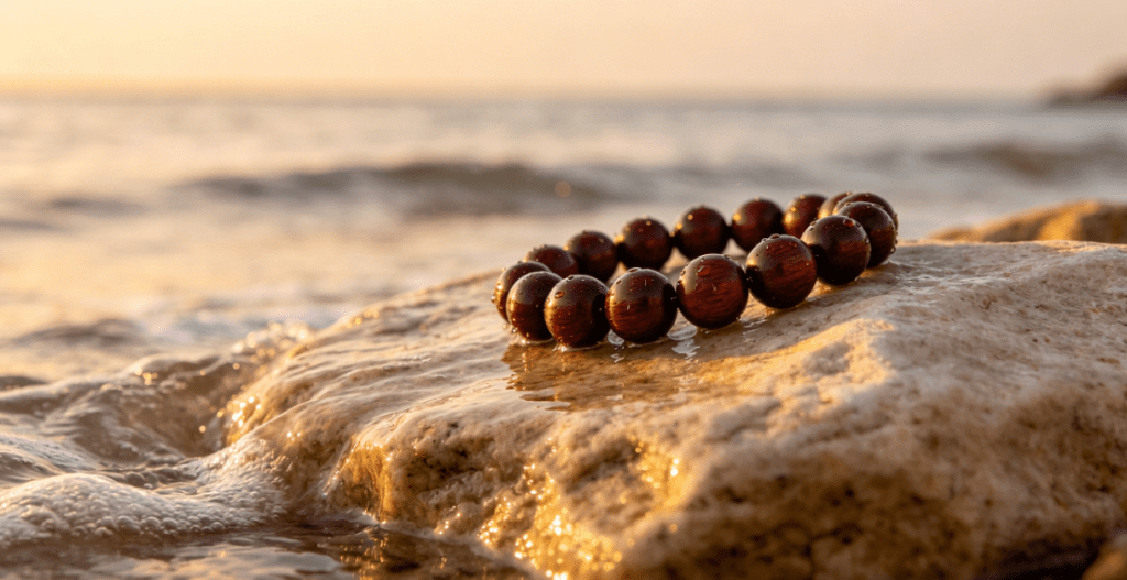 Mala beads on seaside rocks
