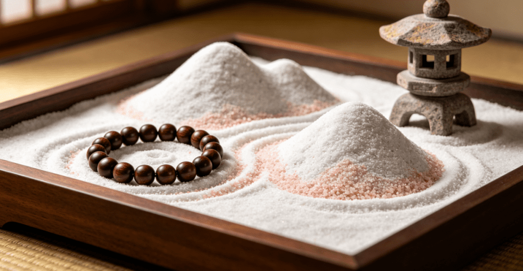 Mala in Japanese rock garden