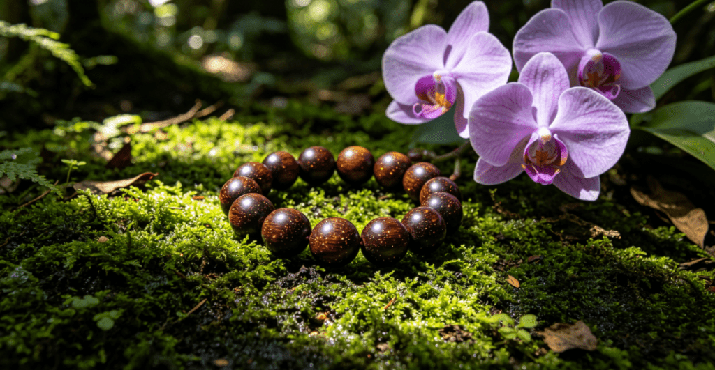 Sandalwood mala in rainforest with orchids