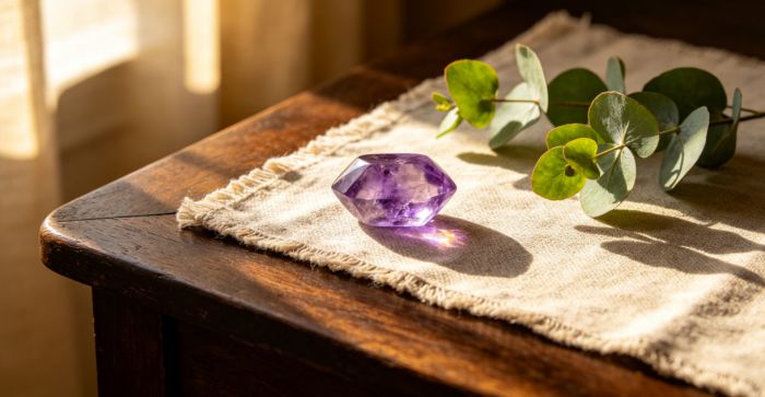 Amethyst on linen tablecloth
