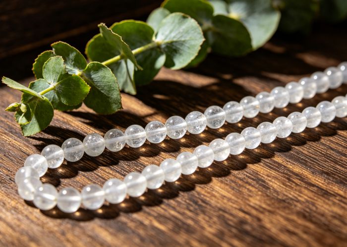 Clear quartz mala with eucalyptus sprigs
