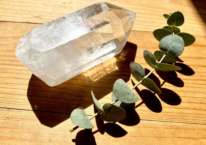 Clear quartz with eucalyptus