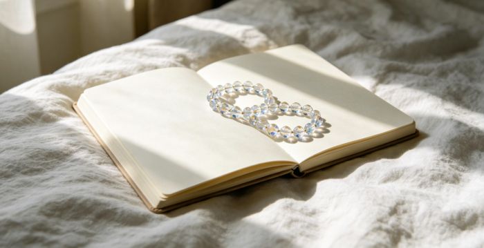 Crystal mala on open notebook