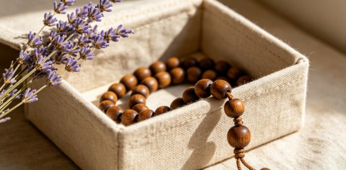 Mala beads in linen box