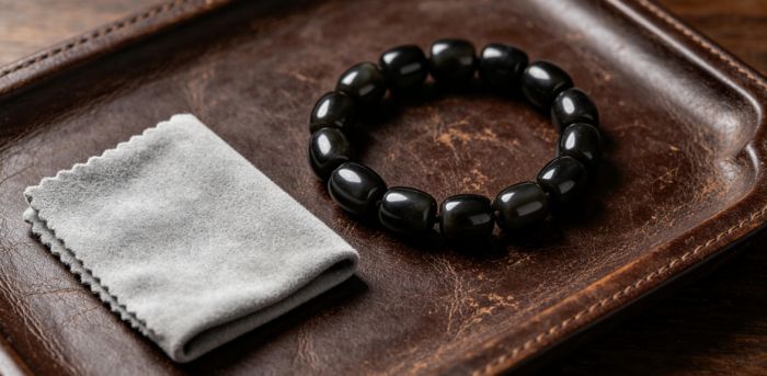 Obsidian mala with suede cloth