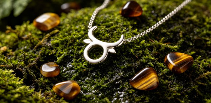 Taurus silver necklace on moss