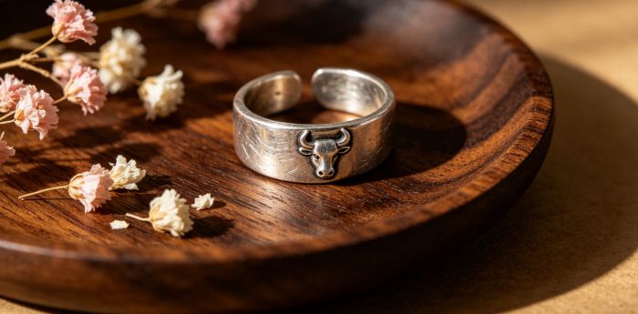 Taurus silver ring on tray