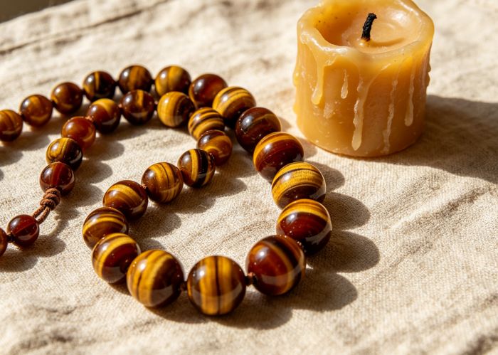 Tiger's eye mala with beeswax candle